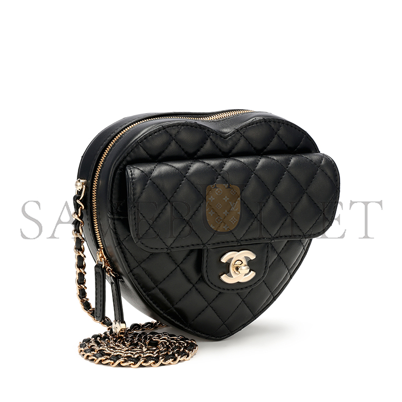CHANEL BLACK QUILTED LAMBSKIN CC IN LOVE HEART BAG GOLD HARDWARE AS3191 (18*16.5*6.5cm)